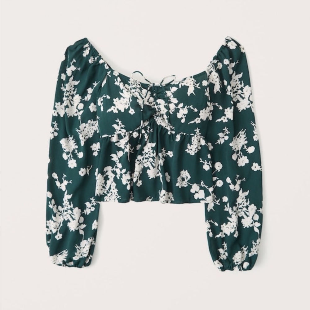 NWT Abercrombie and Fitch Green Floral Cinched Longsleeve Blouse Sz S - Picture 2 of 10